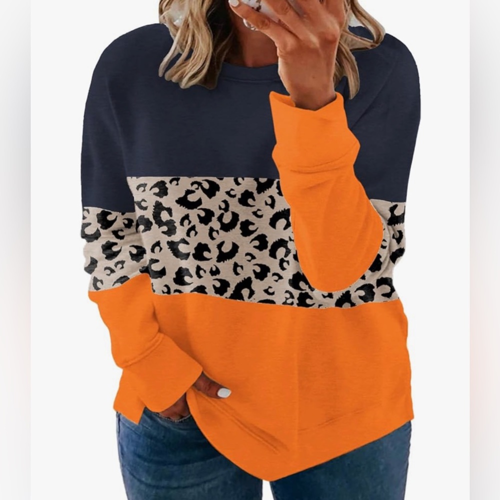 VISLILY Women’s Color Block Pullover Long Sleeve Animal Print Tops, Size M